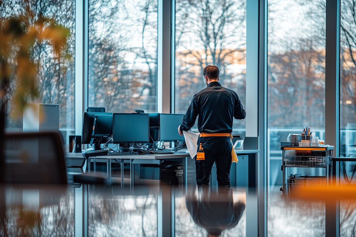 Büroreinigung Mannheim – Hausmeister reinigt modernes Büro mit Glasfassade