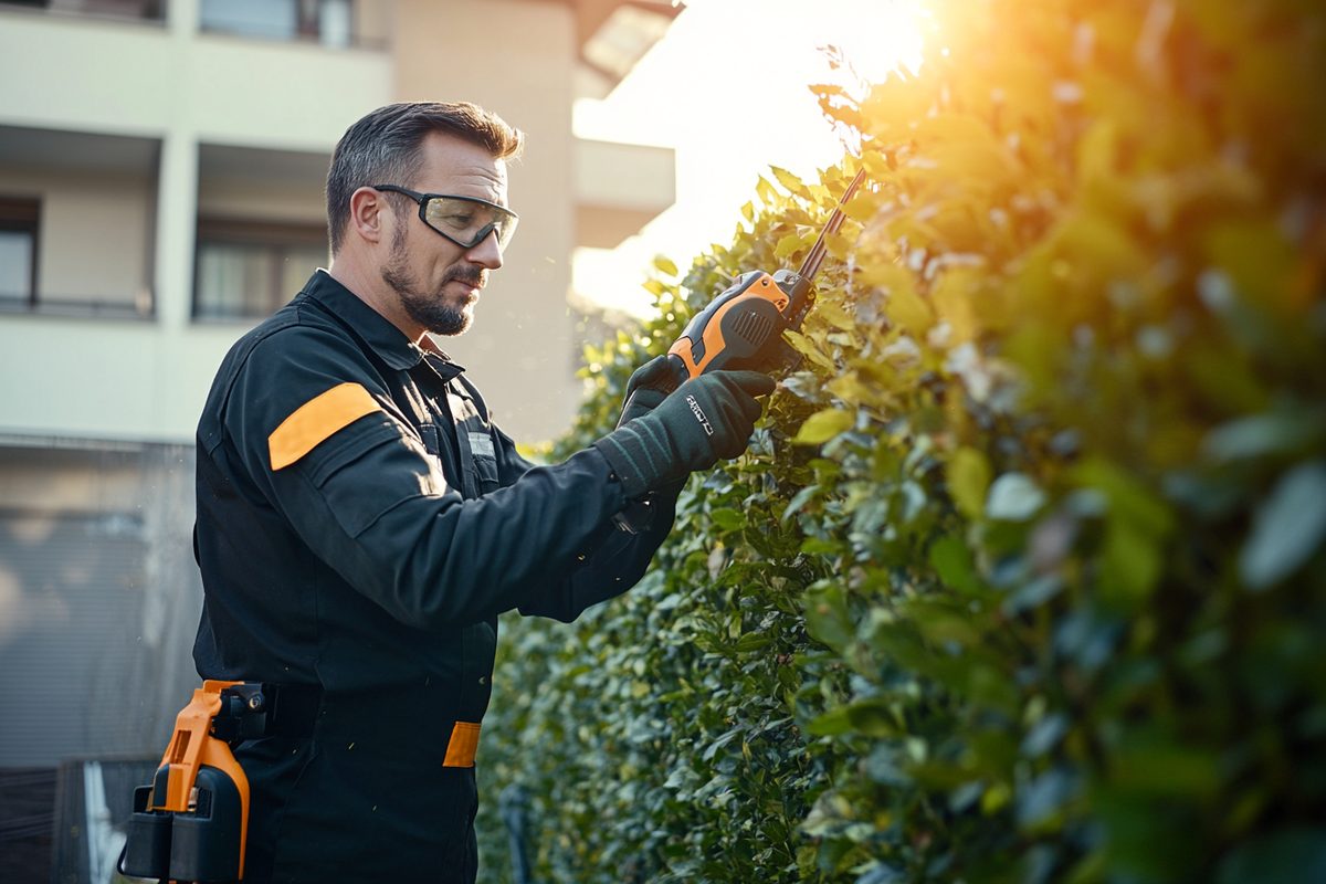 Gartenpflege Mannheim – Hausmeister schneidet Hecke mit elektrischer Heckenschere