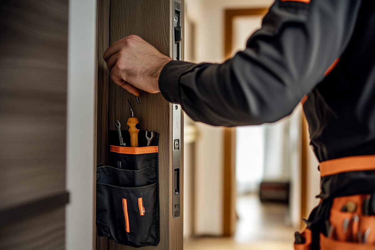 Kleinreparaturen Mannheim – Hausmeister repariert Türschloss mit Werkzeugtasche