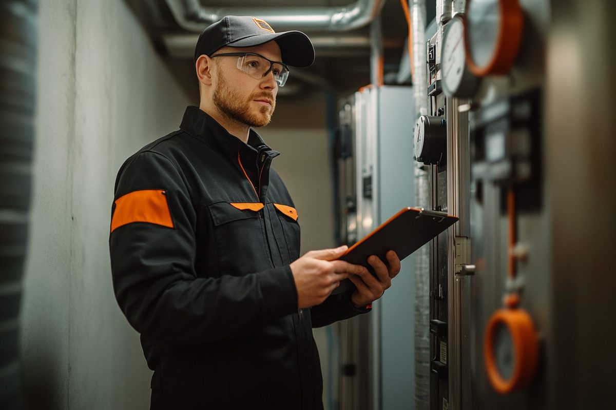 Objektbetreuung Mannheim – Hausmeister kontrolliert Haustechnik im Heizungsraum