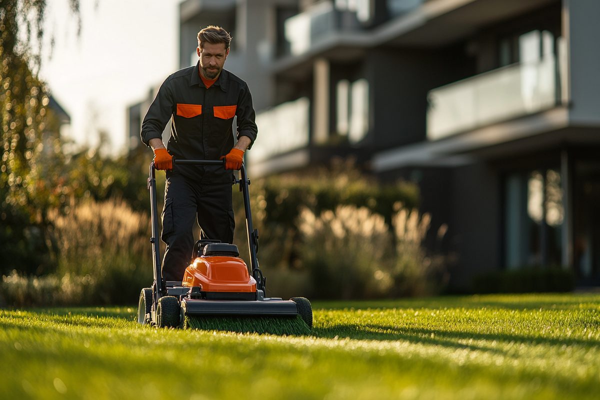 Rasenmähen in Mannheim – Hausmeister mäht Rasen vor Wohnanlage