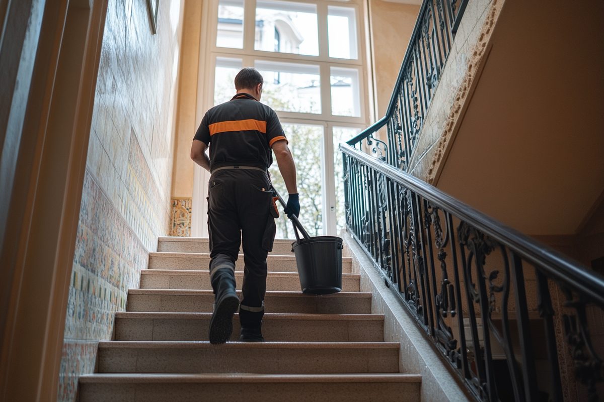 Treppenhausreinigung in Mannheim – Hausmeister mit Eimer im Altbau-Treppenhaus