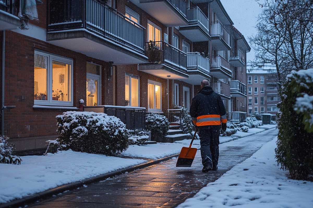 Winterdienst in Mannheim – Hausmeister räumt Schnee vor Mehrfamilienhaus